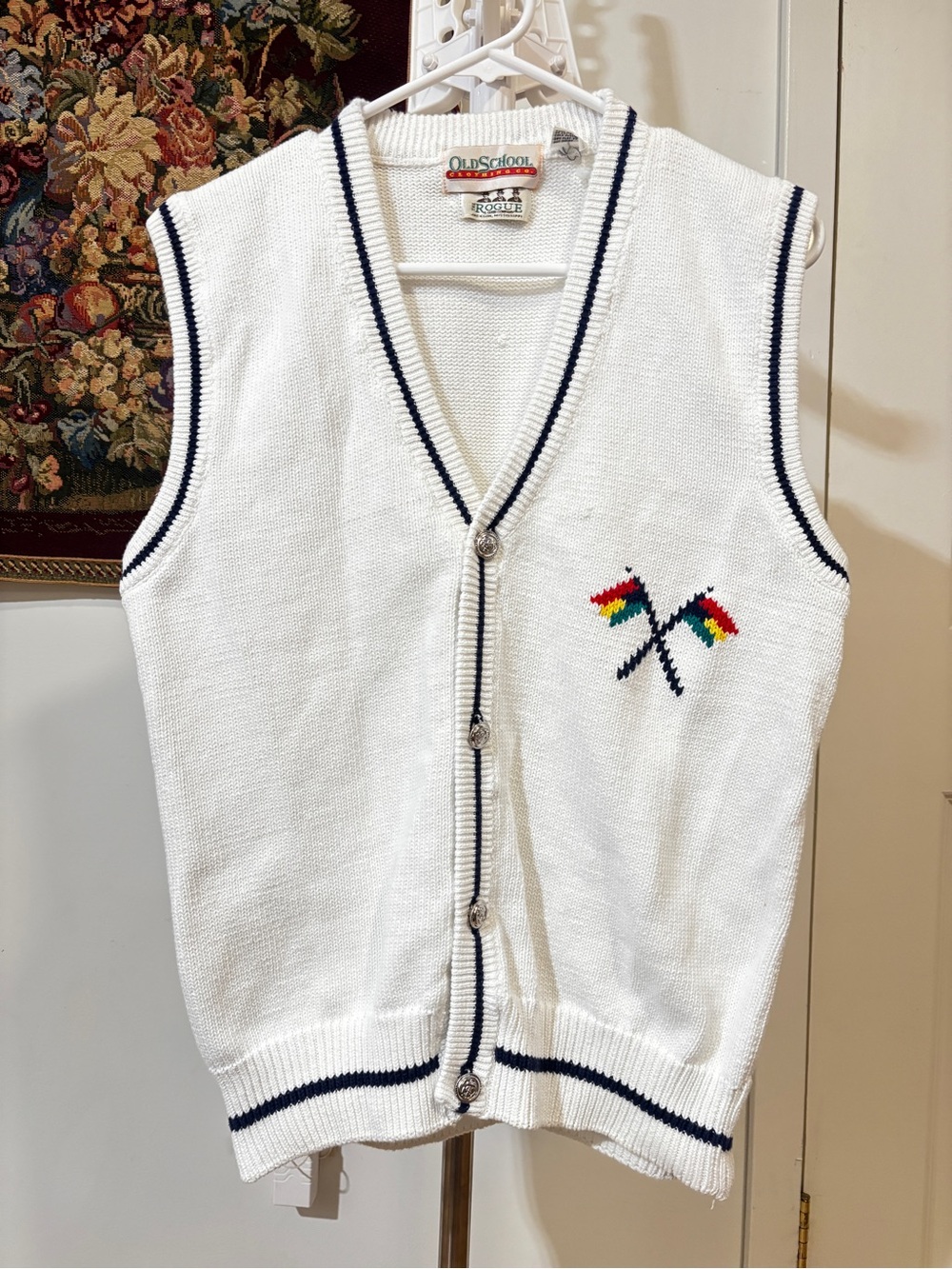 Vintage Old School Clothing Co Golf Sweater Vest 100% Cotton White Navy Preppy